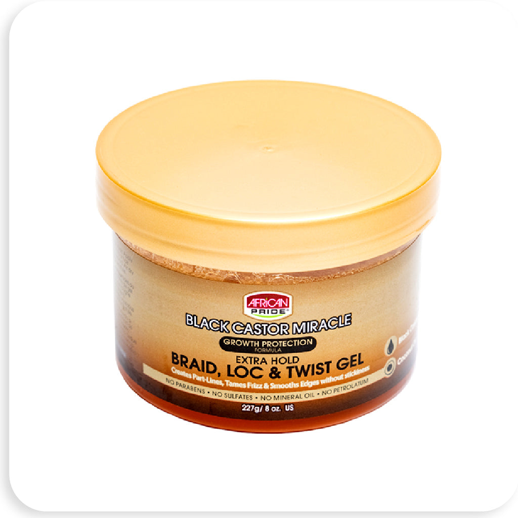 African Pride Black Castor Miracle Braid, Loc, & Twist Gel Extra Hold 8 oz - BRAID BEAUTY