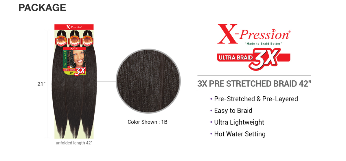 Outre X-Pression Pre-Stretched 6X Ultra Braid – 1B Off Black, 52 Zöpfe, Vorgedehnt, Ultraleicht