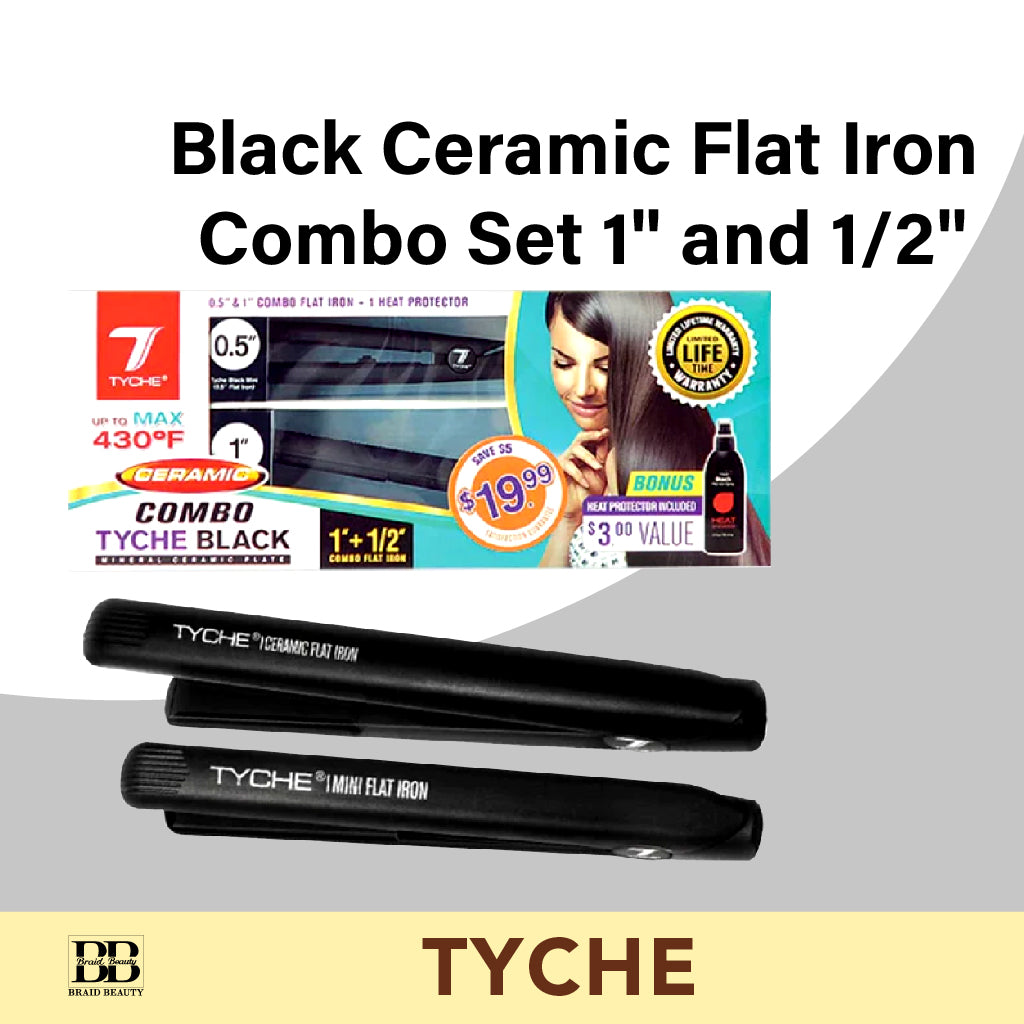 Tyche Black Ceramic Flat Iron Combo Set 1" and 1/2" - BRAID BEAUTY